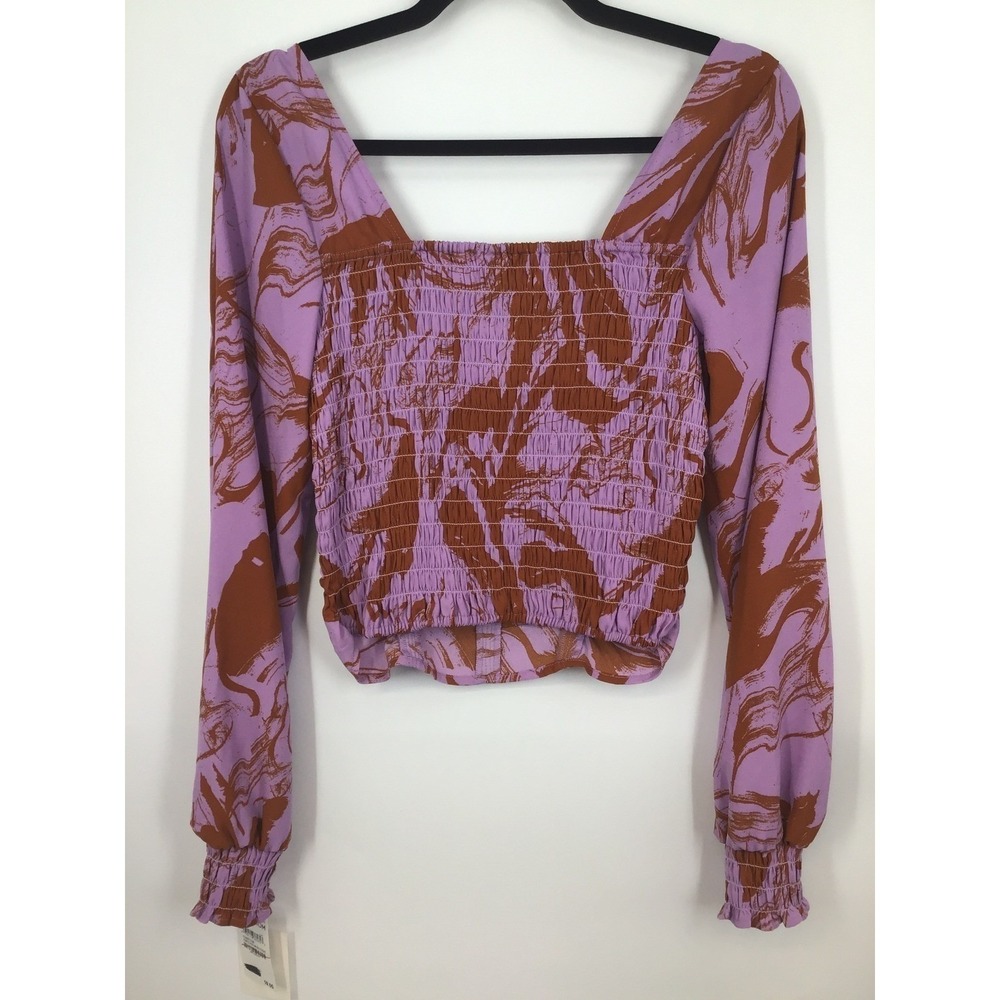 Open Edit Smocked Crop Top M Purple Brown Abstract Ruched Y2K Romantic Indie NWT